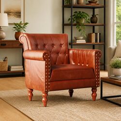 Concise Brown Armchair: Goat Leather & Mango Wood