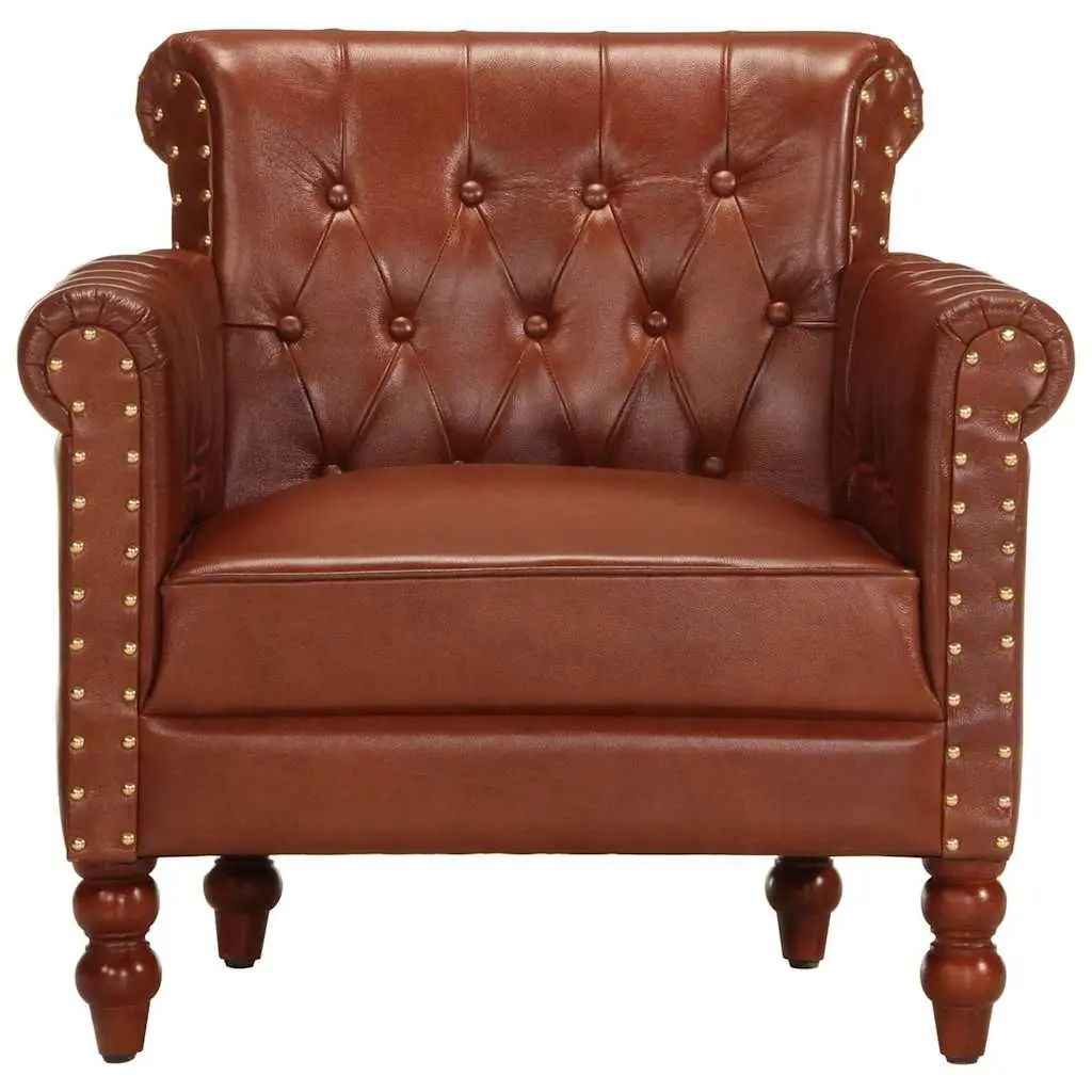 Brown Armchair Upholstered Real Goat Leather with Solid Mango Wood Legs for Living Room