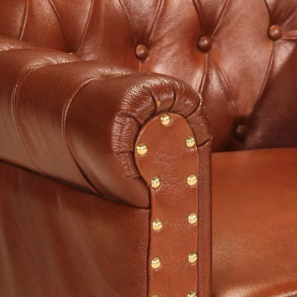 Brown Armchair Upholstered Real Goat Leather with Solid Mango Wood Legs for Living Room