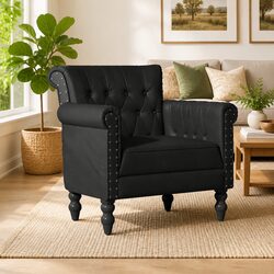 Black Goat Leather Lounge Chair with Solid Wood Legs