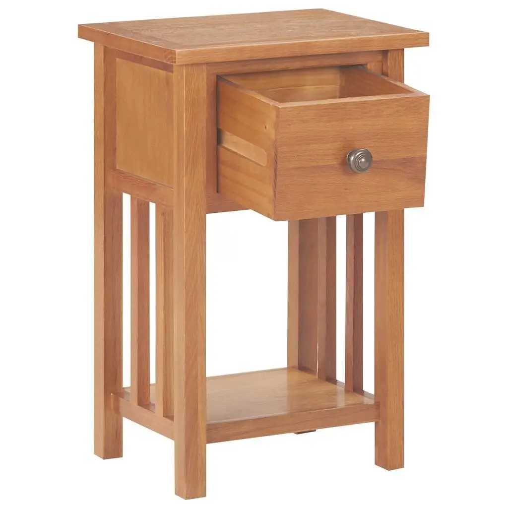 End Table Brown Compact Solid Oak Wood with Drawer and Shelf
