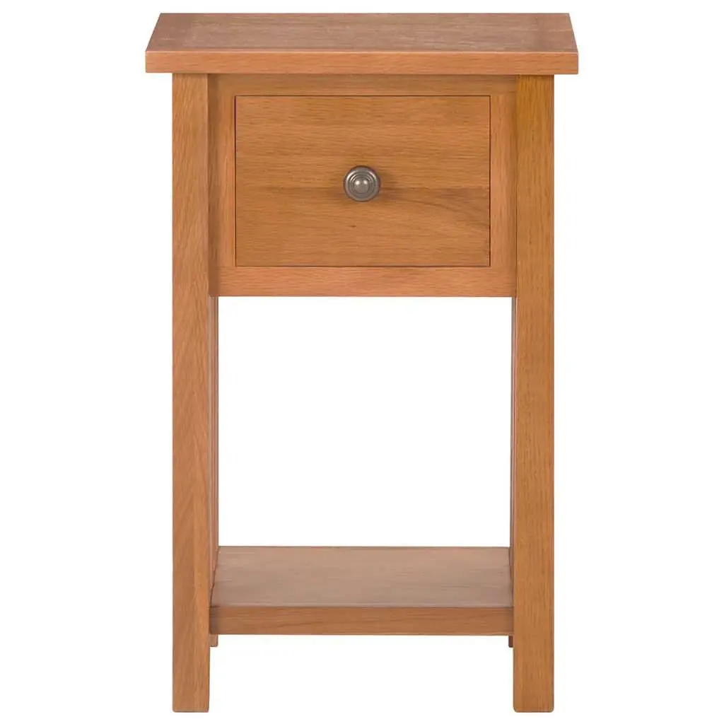 End Table Brown Compact Solid Oak Wood with Drawer and Shelf