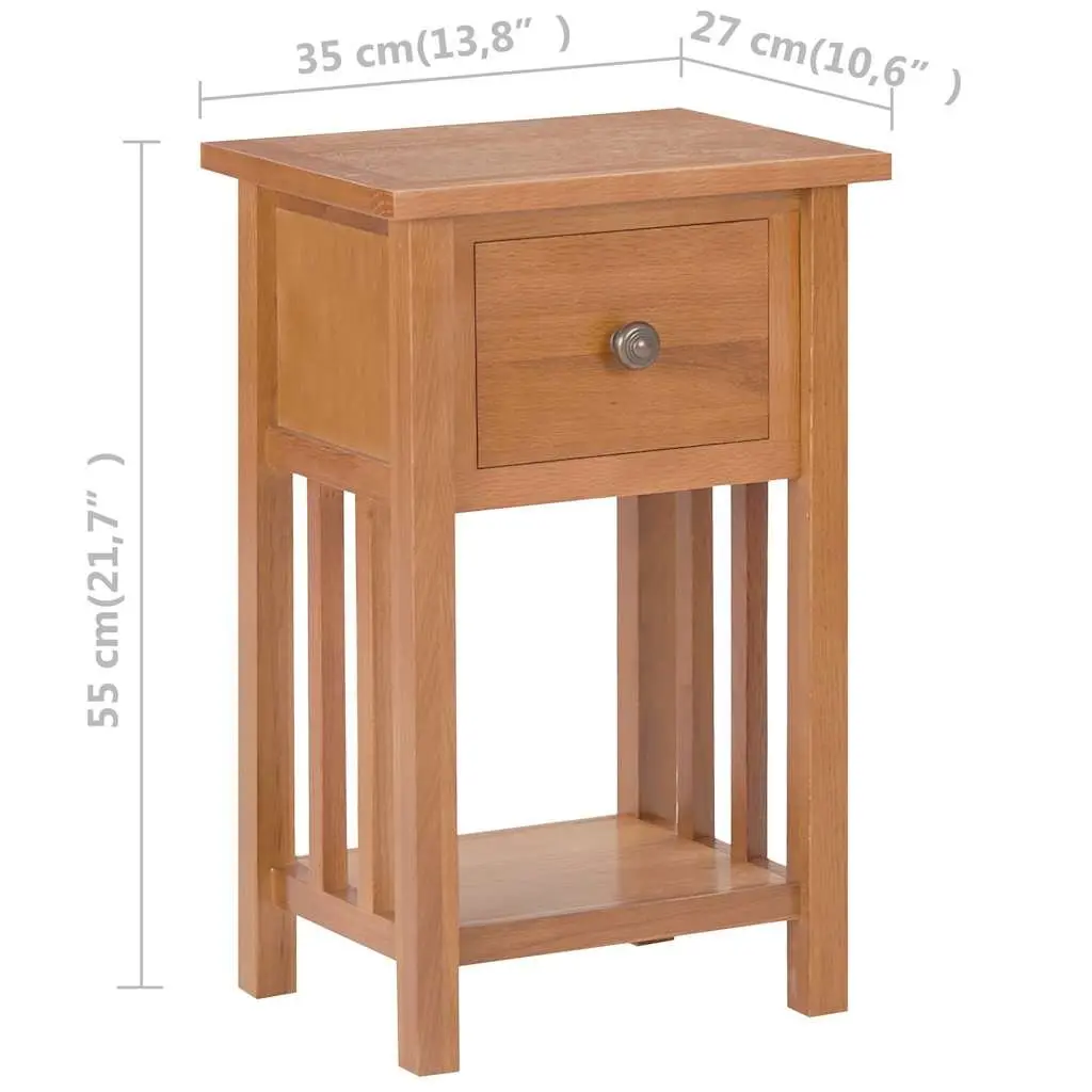 End Table Brown Compact Solid Oak Wood with Drawer and Shelf