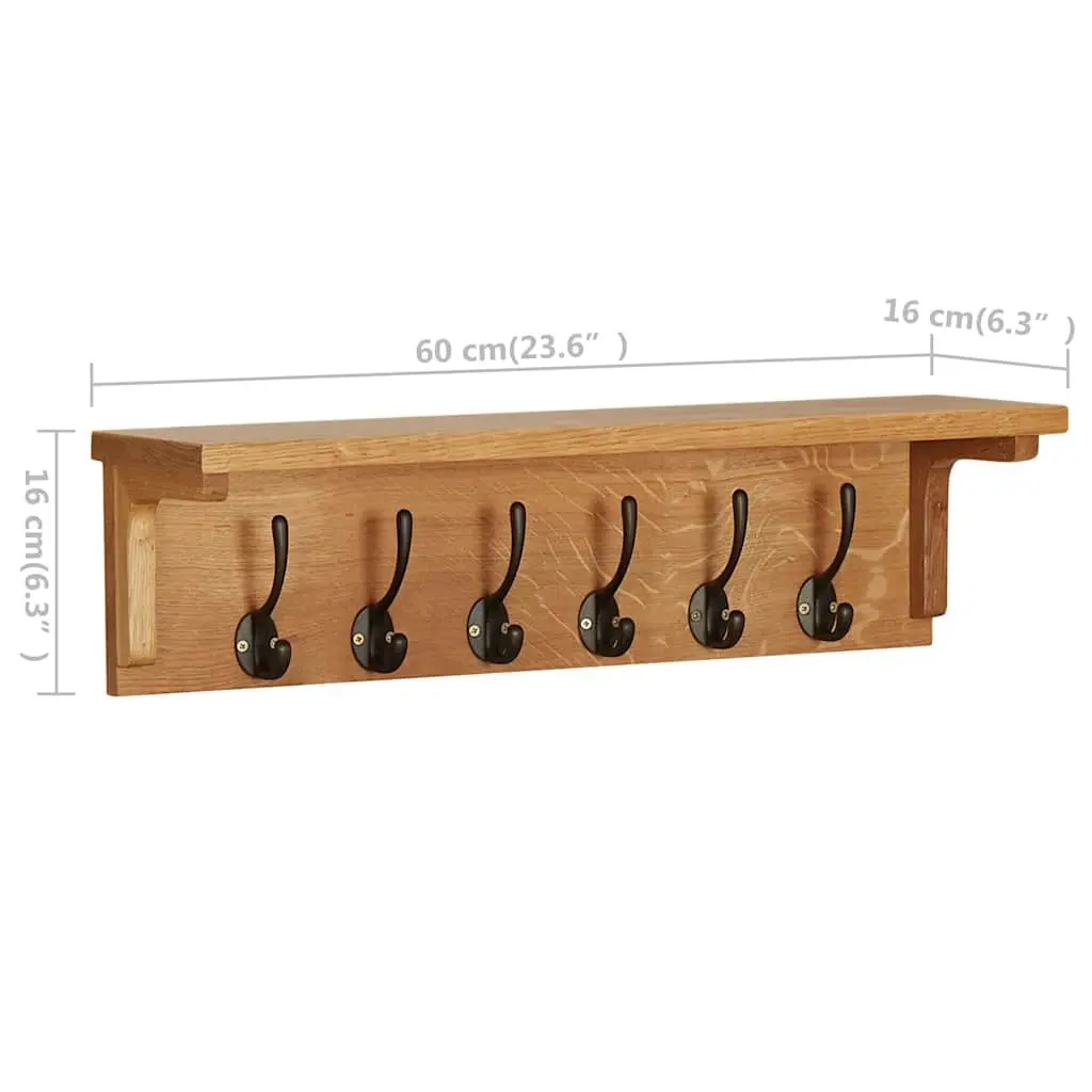 Coat Rack Brown Wall Mount Solid Oak Wood 6 Hooks Home Entryway Storage