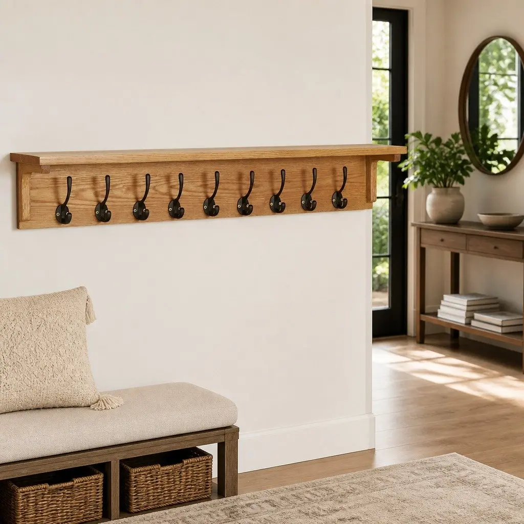 Coat Rack Brown Solid Oak Wood 9 Hooks Wall-Mounted Storage Entryway Hallway