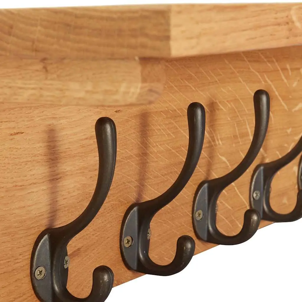 Coat Rack Brown Solid Oak Wood 9 Hooks Wall-Mounted Storage Entryway Hallway