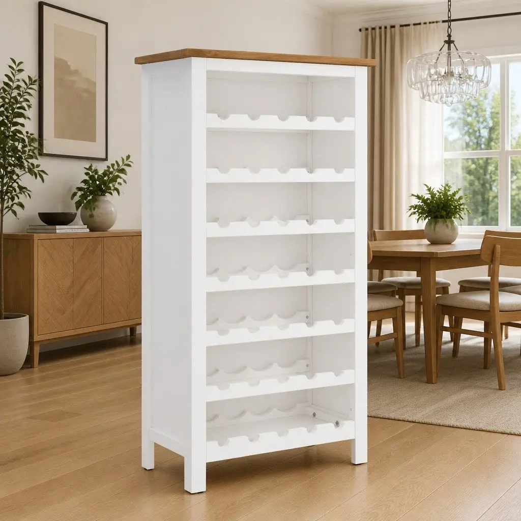 Wine Cabinet Brown Solid Oak Wood 7 Open Wine Racks Storage Holder