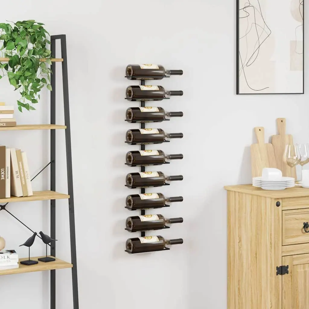 Wall-Mounted Wine Rack Black Iron 9 Bottle Modern Home Decor Display