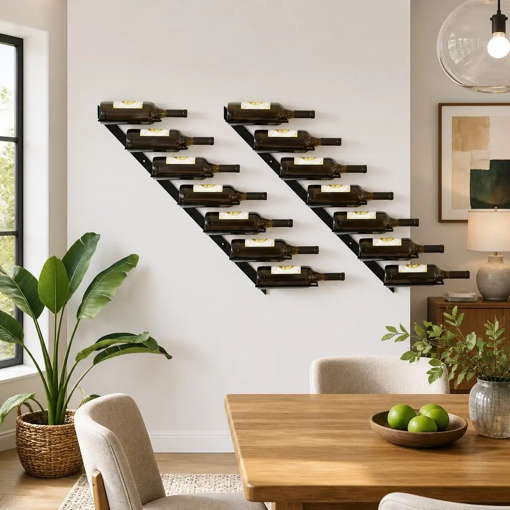 Wall-mounted Wine Rack Black Metal 14 Bottles Storage Set of 2 Display Holder