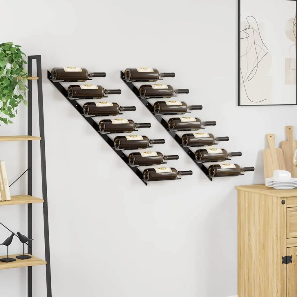 Wall-mounted Wine Rack Black Metal 14 Bottles Storage Set of 2 Display Holder