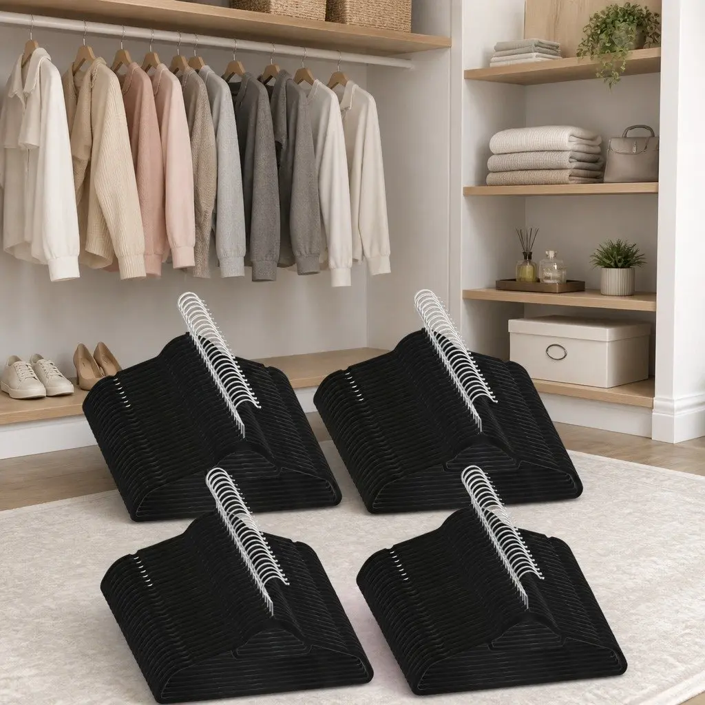 Clothes Hangers Black 100 Pack Anti-slip Velvet Wardrobe Storage Organiser