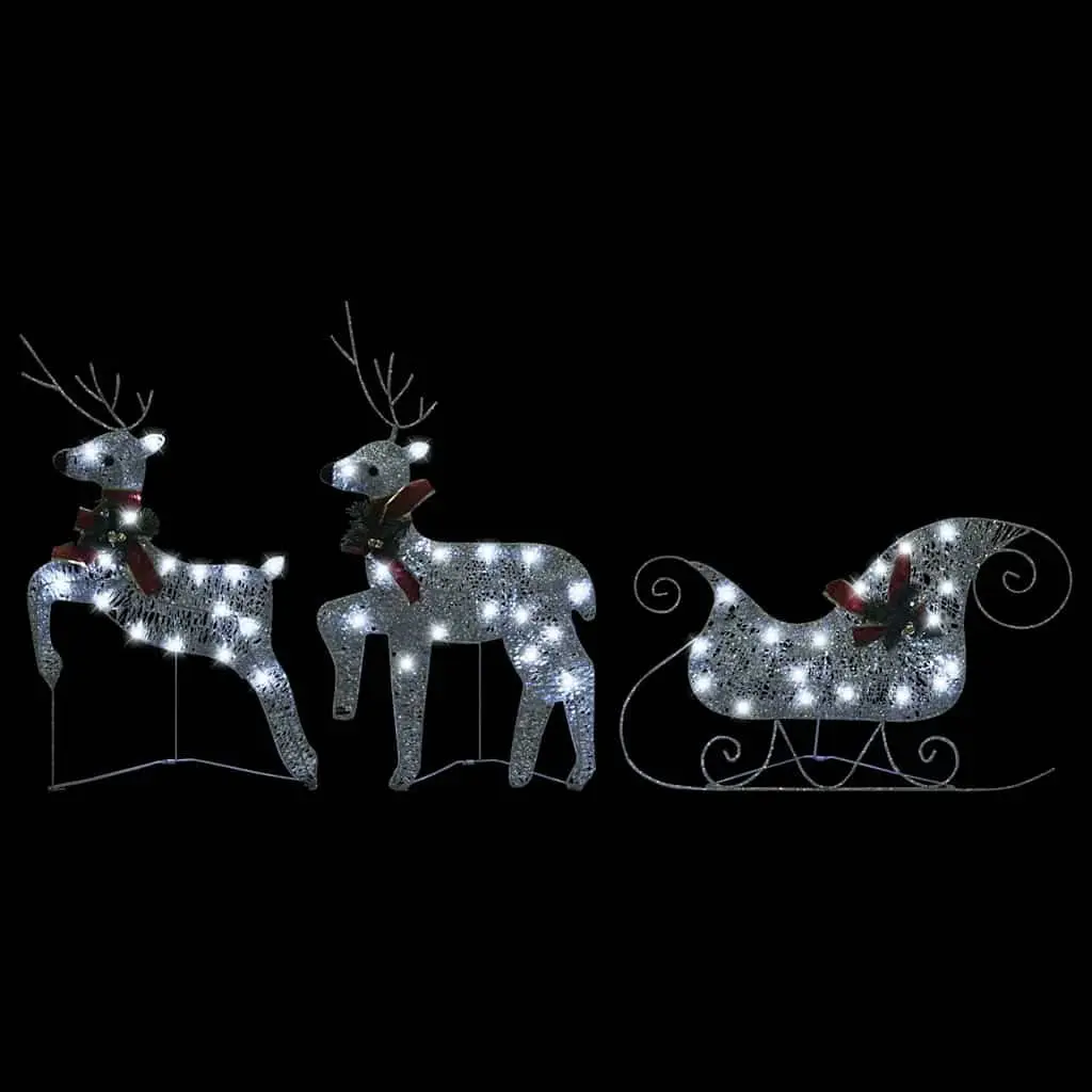 Christmas Reindeer Sleigh Decoration 60 LED Lights Outdoor Garden Silver Mesh