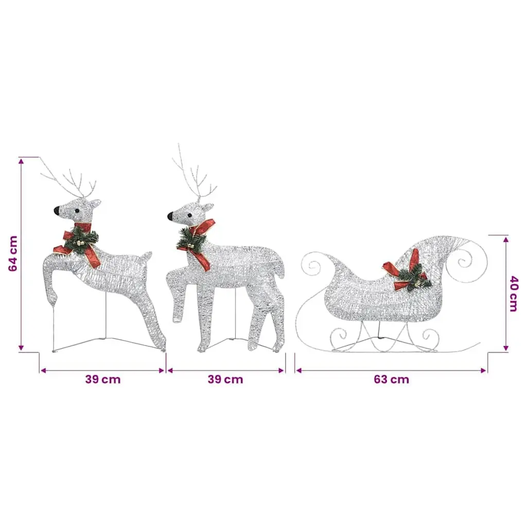 Christmas Reindeer Sleigh Decoration 60 LED Lights Outdoor Garden Silver Mesh