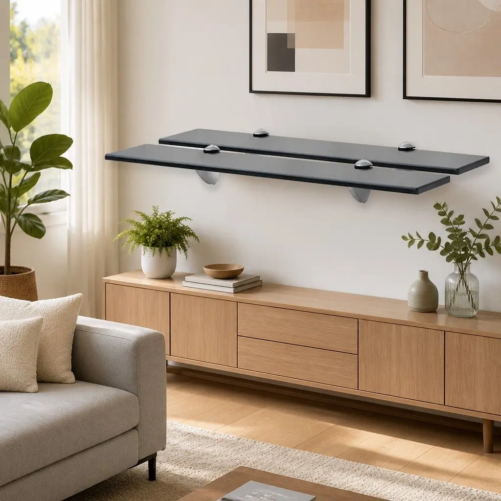 Floating Wall Shelves Black Glass 60x20 cm Tempered Safety Glass 2 Piece Display Ledge
