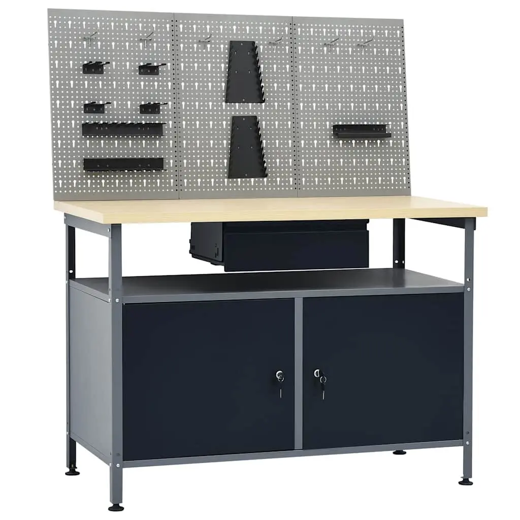 Workbench Black Steel 120 cm Heavy-Duty with 3 Wall Panels Tool Organization
