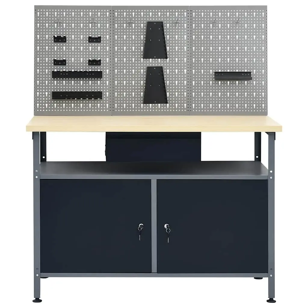 Workbench Black Steel 120 cm Heavy-Duty with 3 Wall Panels Tool Organization