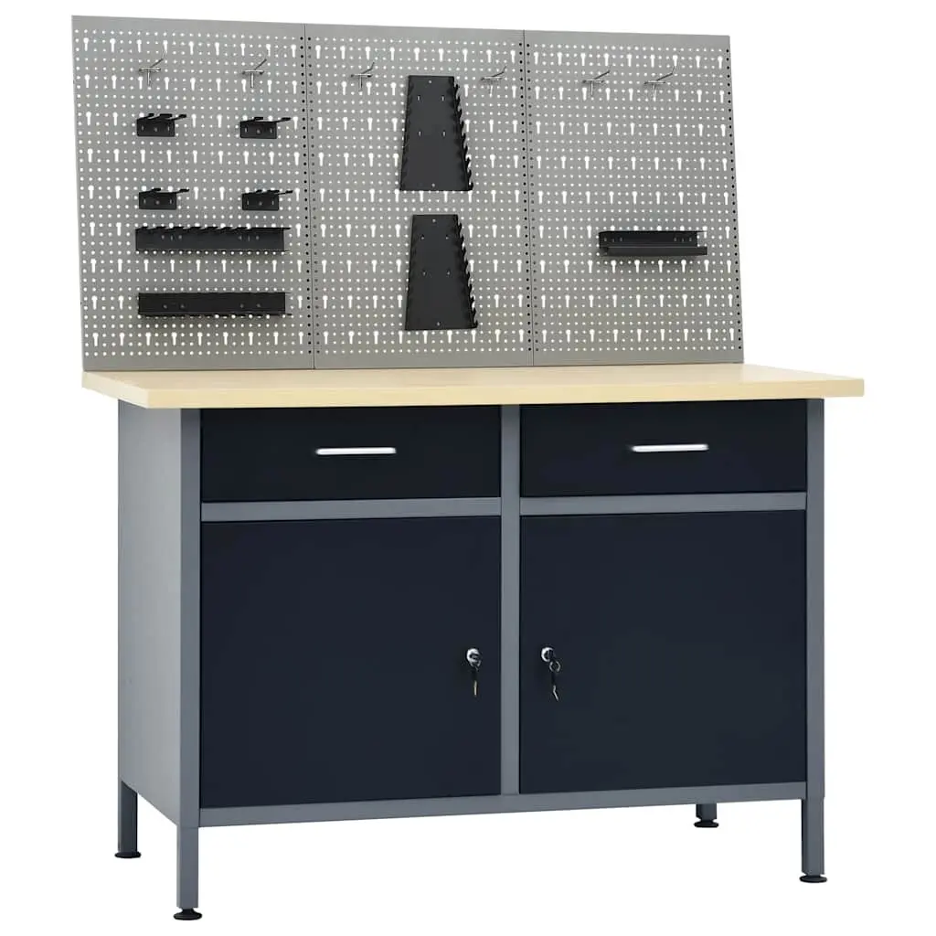 Workbench Grey 120 cm Steel Storage Shelves 3 Wall Panels Drawers Garage Workshop