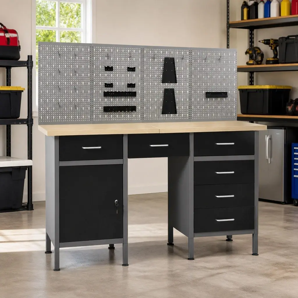 Workbench Black Heavy Duty 500kg with 4 Wall Panels Tool Storage for Workshop Garage