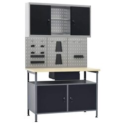 Compact Black Workbench with Wall Storage Panels Included