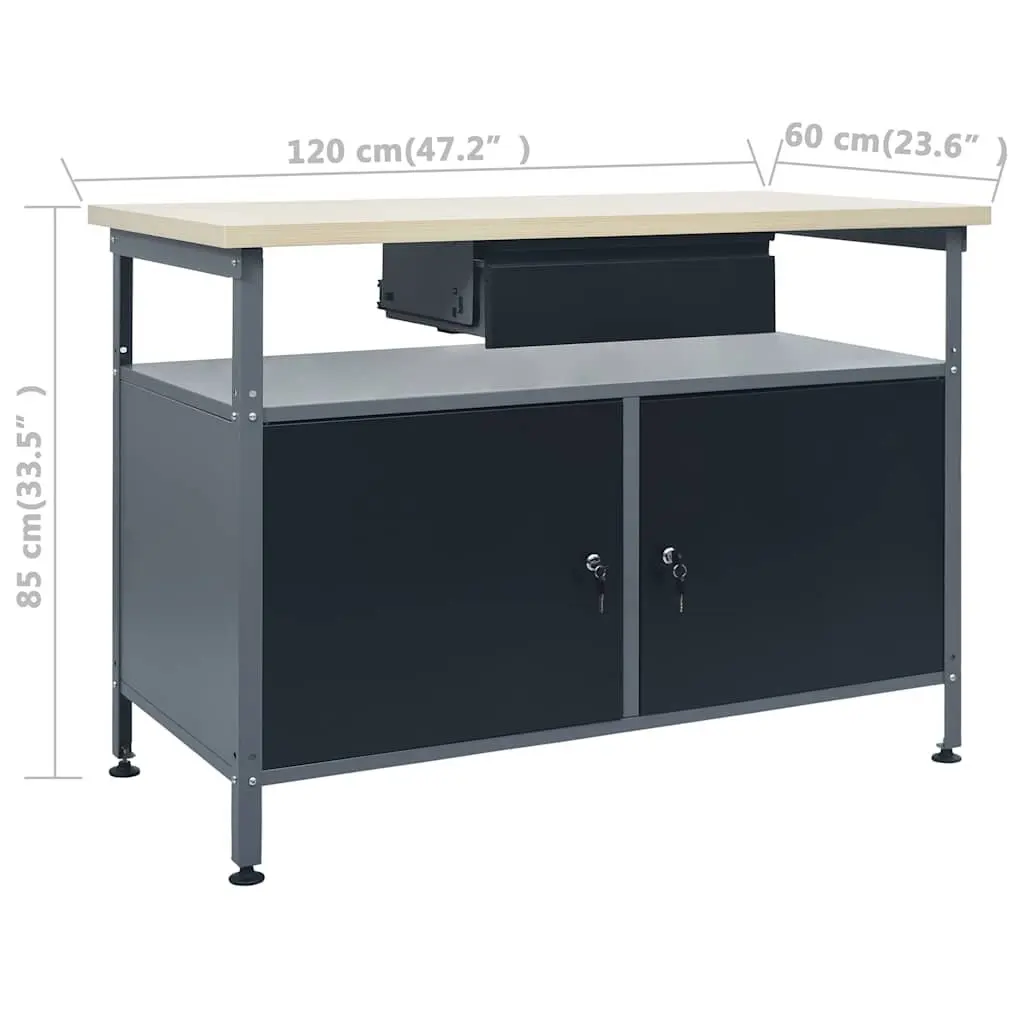 Workbench Black 120 cm Heavy-duty with 3 Wall Panels and Wall Cabinet for Workshop and Garage Organisation