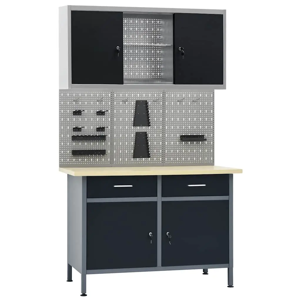Workbench Storage System Black 3 Wall Panels 1 Cabinet 500kg Capacity