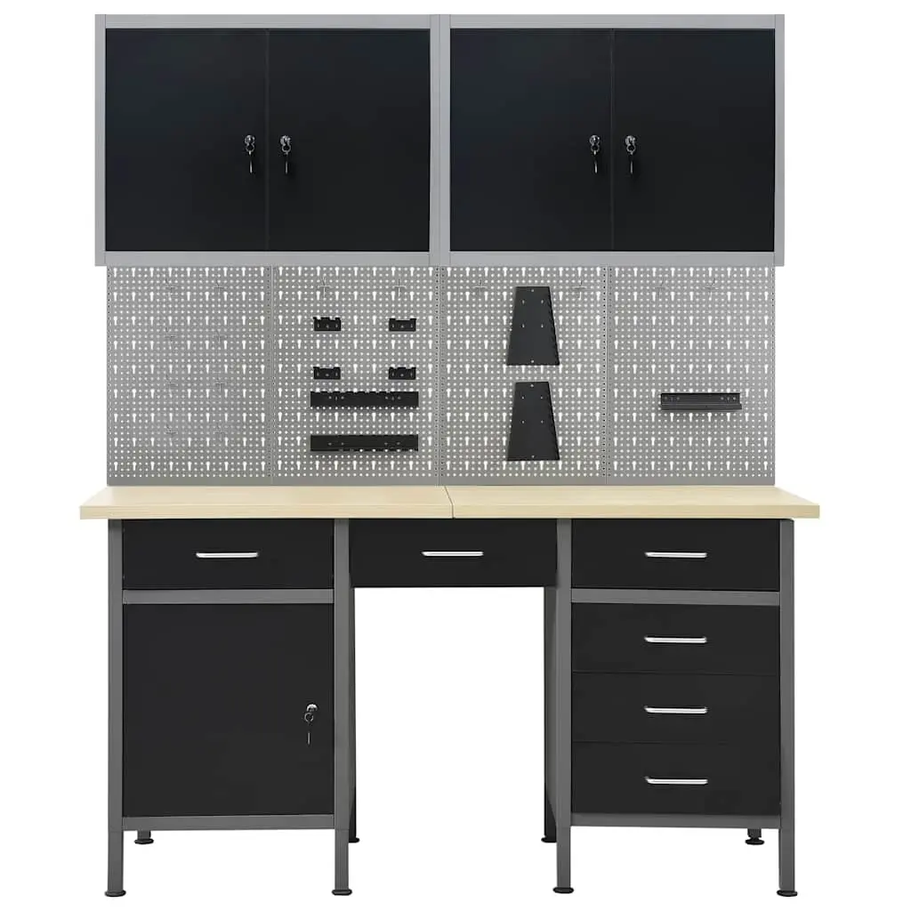 Work Bench Tool Storage 500kg Workstation 6 Drawers Wall Panels Cabinets Black