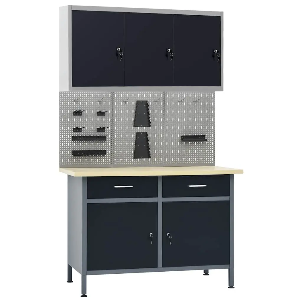Workbench Black 120cm Heavy-Duty with 3 Wall Panels and 1 Wall Cabinet for Workshop Garage Storage 500kg Capacity