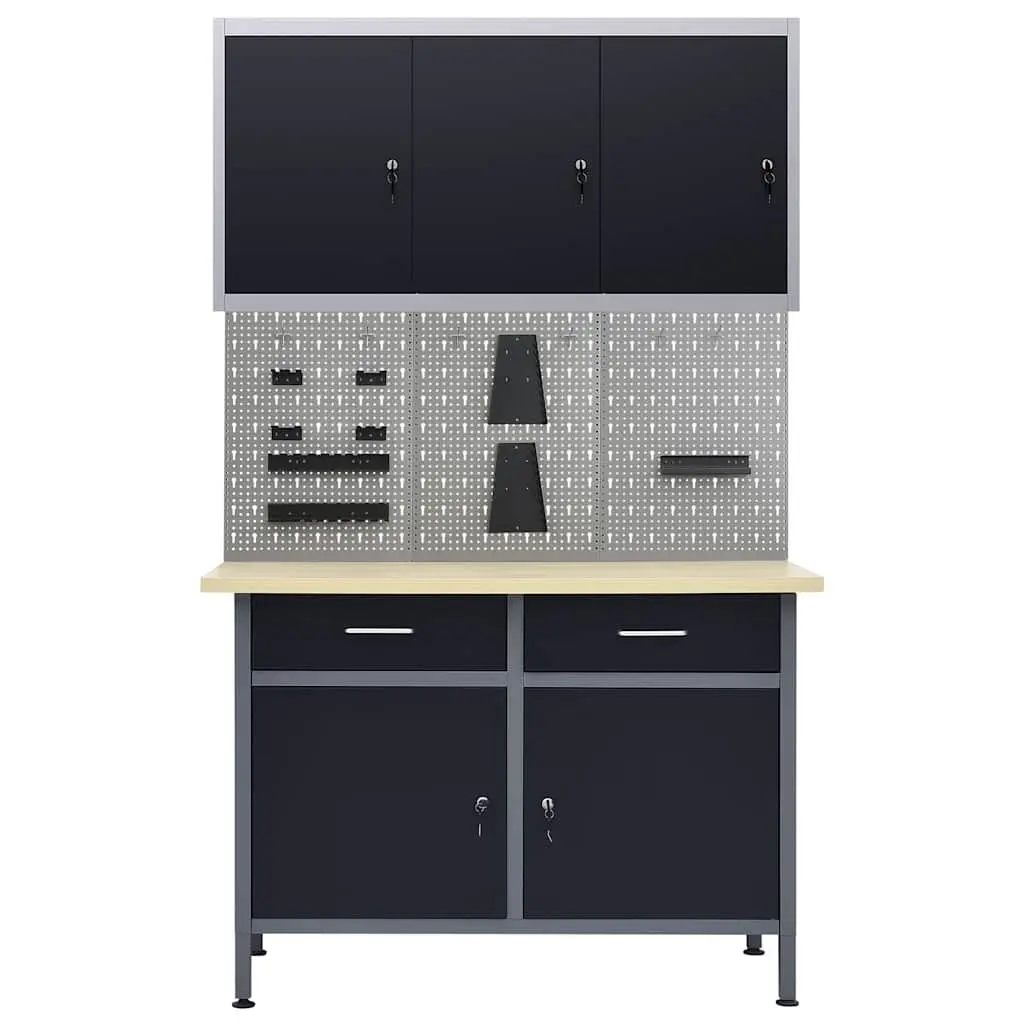Workbench Black 120cm Heavy-Duty with 3 Wall Panels and 1 Wall Cabinet for Workshop Garage Storage 500kg Capacity