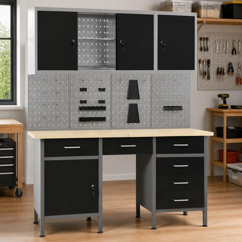 Workbench with Four Wall Panels and Two Storage Cabinets Workshop Garage
