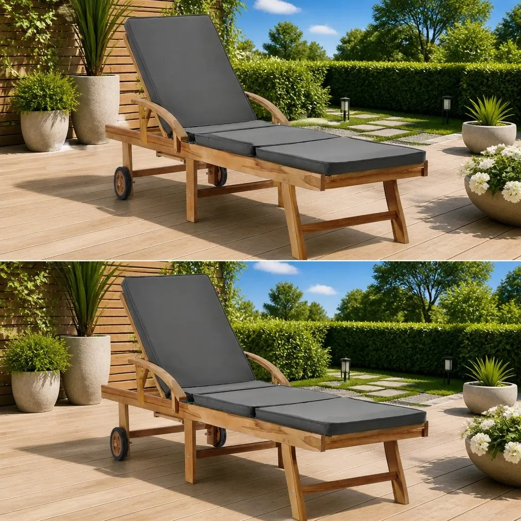 Teak Wood Sun Loungers Dark Grey 2 Piece Adjustable Backrest with Cushions