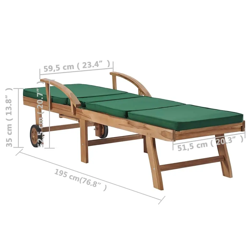 Sun Loungers Green 2 pcs Solid Teak Wood Adjustable Backrests Cushions Outdoor Garden Patio Deck Chair