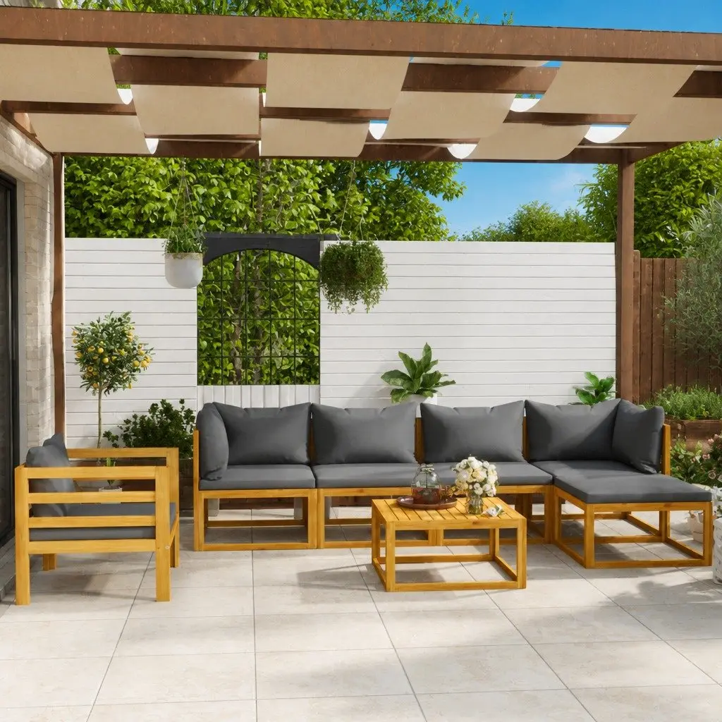 Outdoor Garden Lounge Set 7 Piece Patio Furniture Grey Acacia Wood Sofa Coffee