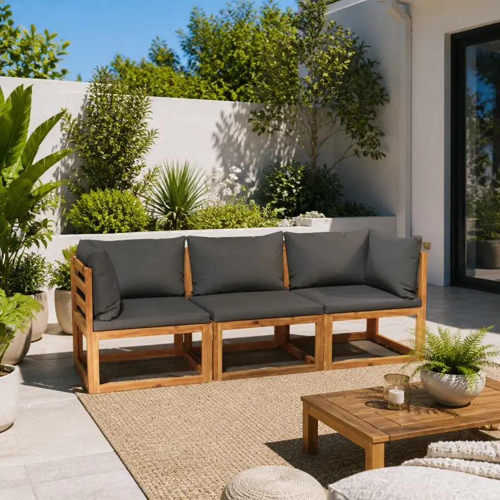 3-Seater Garden Sofa Outdoor Furniture with Cushion Solid Acacia Wood Grey