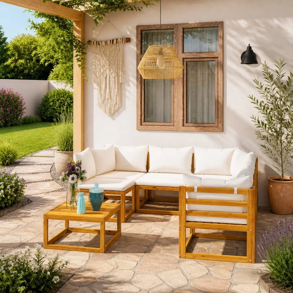 Garden Lounge Set 6 Piece Outdoor Furniture Patio Sofa Coffee Table Cream