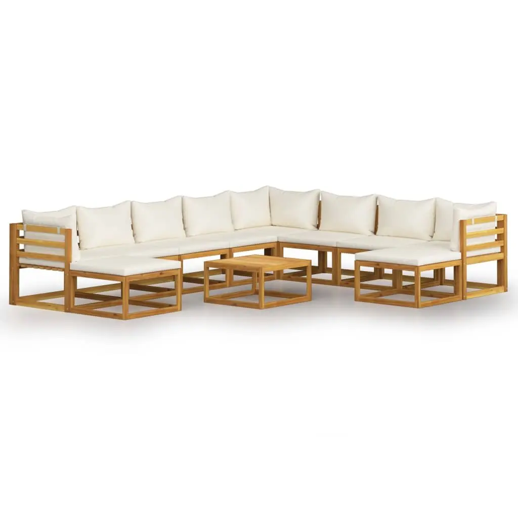 Outdoor Lounge Set Cream 11 Piece Solid Acacia Wood Frame Removable Cushions Coffee Table