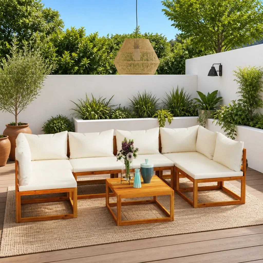 Garden Lounge Set Cream 7 Piece Modular Outdoor Furniture with Cushions