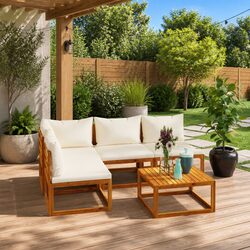 5 Piece Garden Lounge Set Outdoor Furniture Sofa Coffee Table Cushions Cream