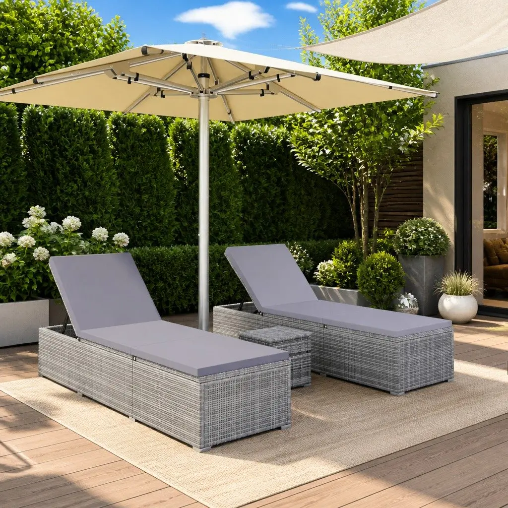 Sun Lounger Set 3 Piece Grey Outdoor Garden Chaise Lounge with Tea Table
