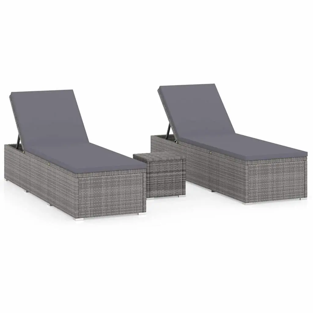 Sun Lounger Set 3 Piece Grey Outdoor Garden Chaise Lounge with Tea Table