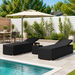 3 Piece Sun Lounger Set with Tea Table Outdoor Garden Rattan Chaise Lounge Black