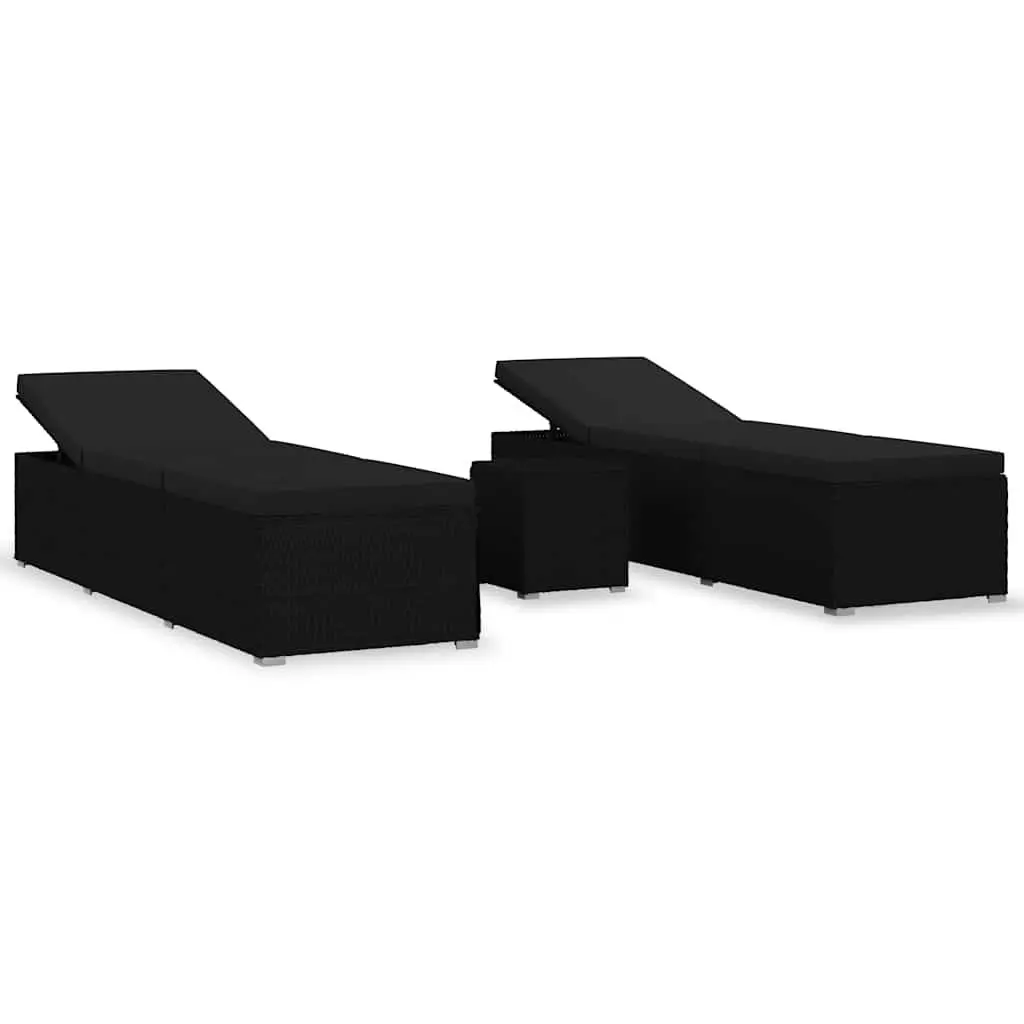 3 Piece Sun Lounger Set Black Adjustable Backrest Thickly Padded Cushions Outdoor Garden Rattan Chaise Lounge