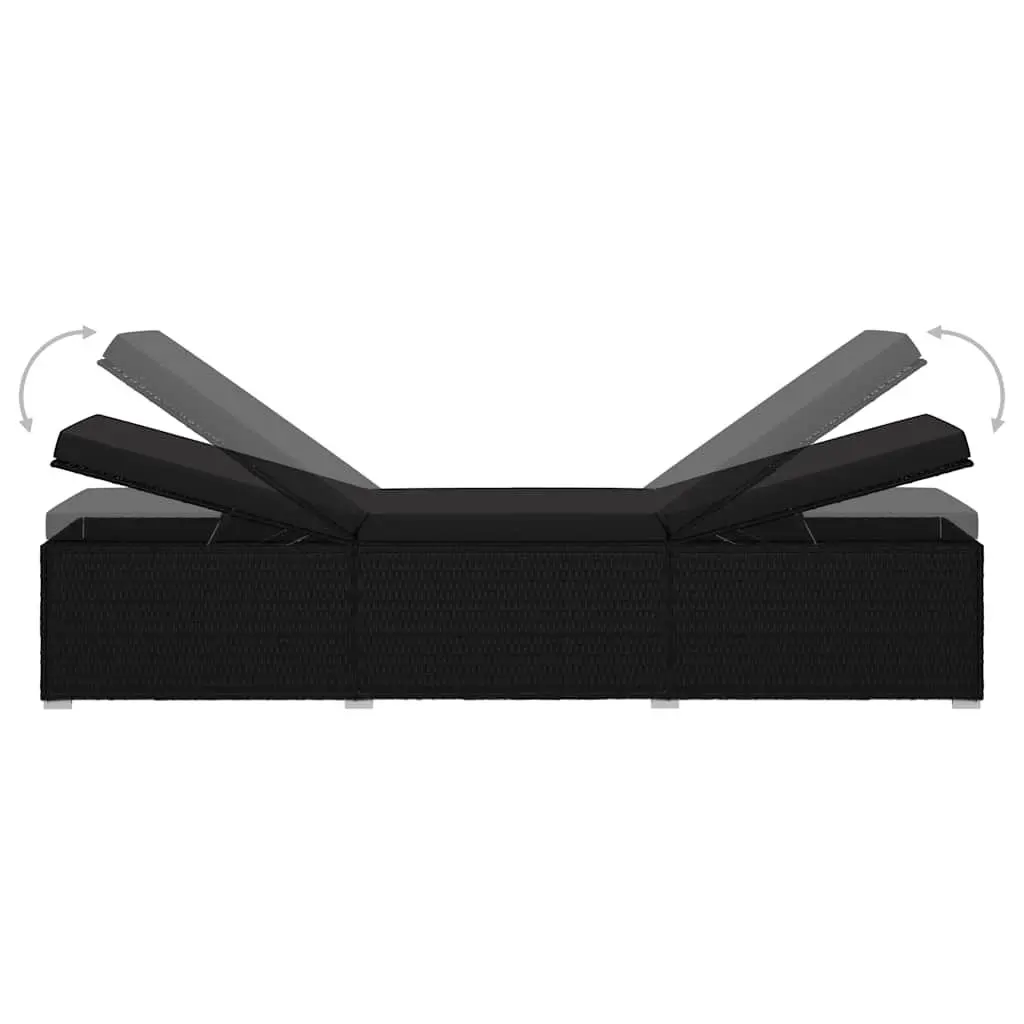 3 Piece Sun Lounger Set Black Adjustable Backrest Thickly Padded Cushions Outdoor Garden Rattan Chaise Lounge