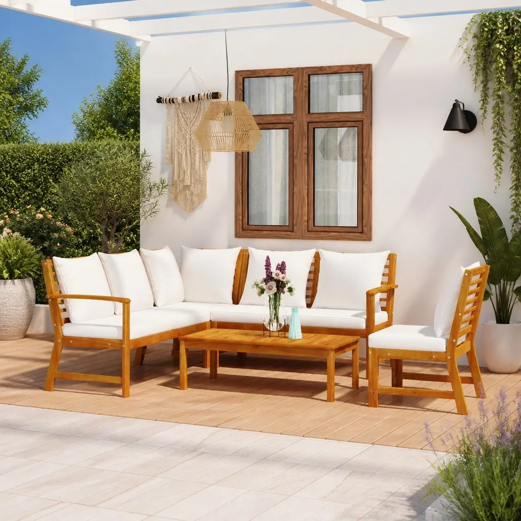 Garden Lounge Set Cream 5 Piece Patio Sofa with Coffee Table Acacia Wood