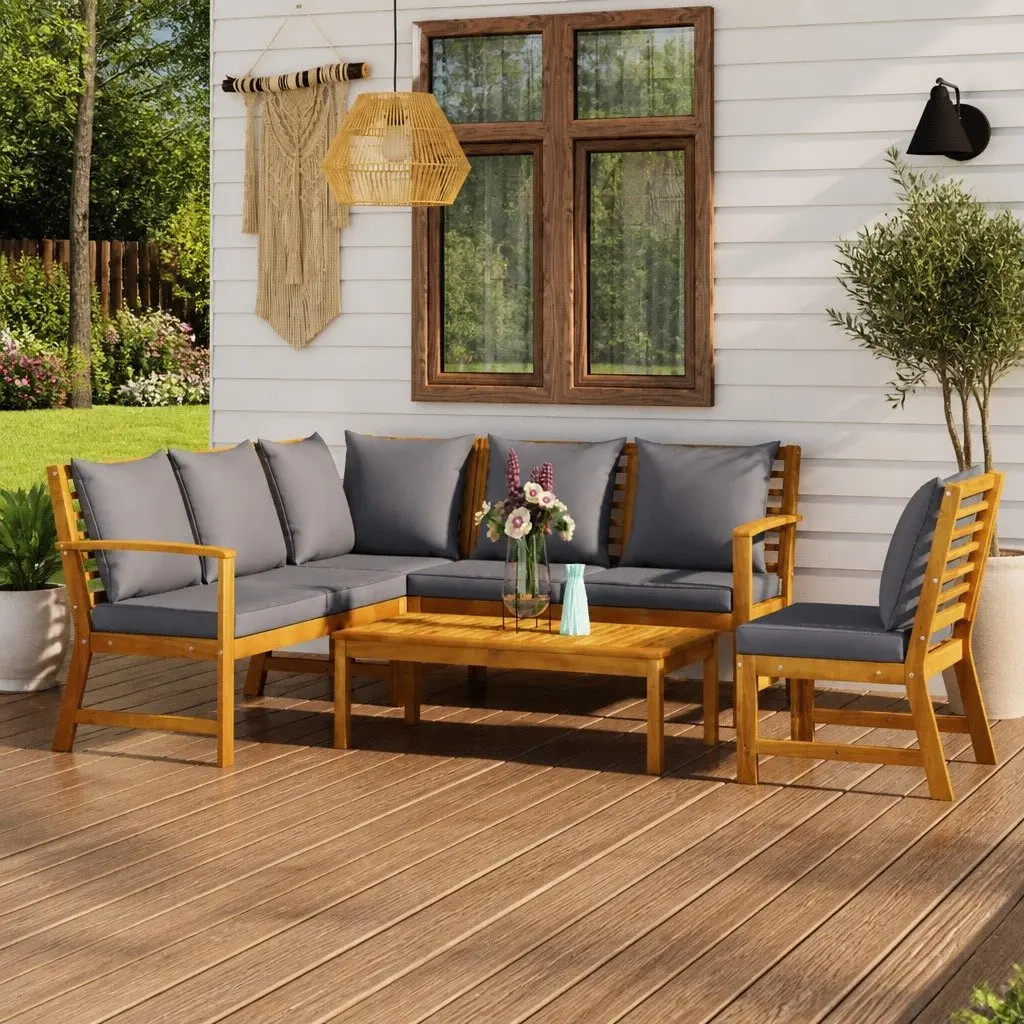 5 Piece Garden Lounge Set Grey Solid Acacia Wood Frame Outdoor Sofa Coffee Table with Cushions