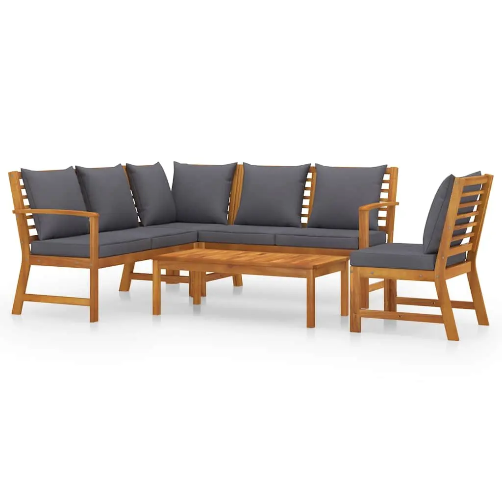 5 Piece Garden Lounge Set Grey Solid Acacia Wood Frame Outdoor Sofa Coffee Table with Cushions