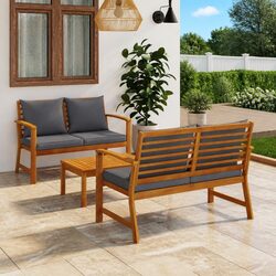 Grey 3-Piece Acacia Wood Lounge Set with Cushions