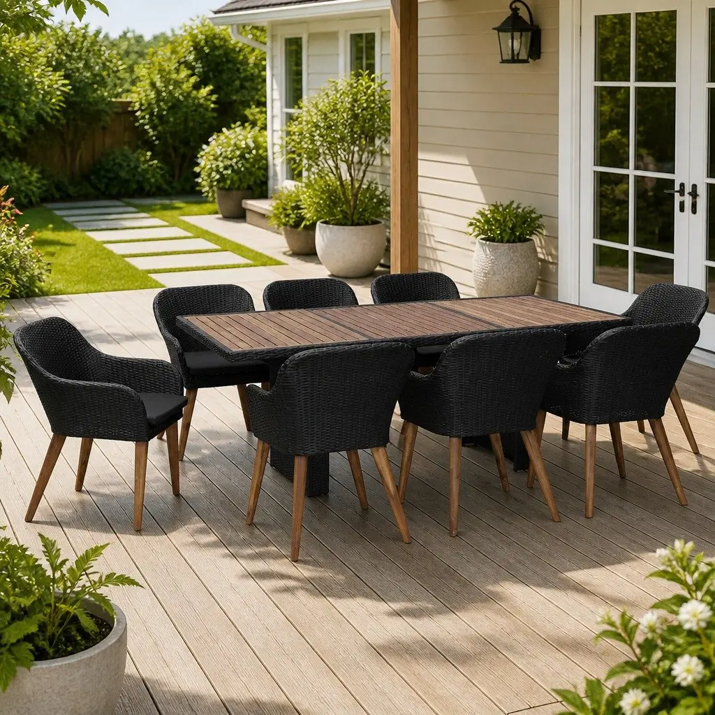 9 Piece Outdoor Dining Set Black Poly Rattan with Cushions Water-resistant PE Rattan Solid Acacia Wood Table Top