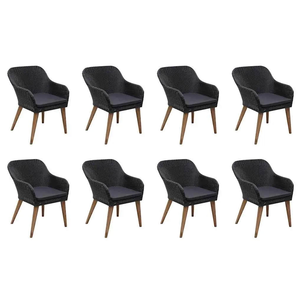 9 Piece Outdoor Dining Set Black Poly Rattan with Cushions Water-resistant PE Rattan Solid Acacia Wood Table Top