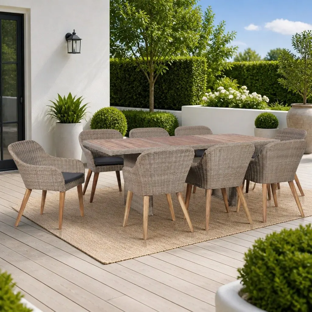 Outdoor Dining Set Brown 9 Piece Poly Rattan Patio Garden Furniture