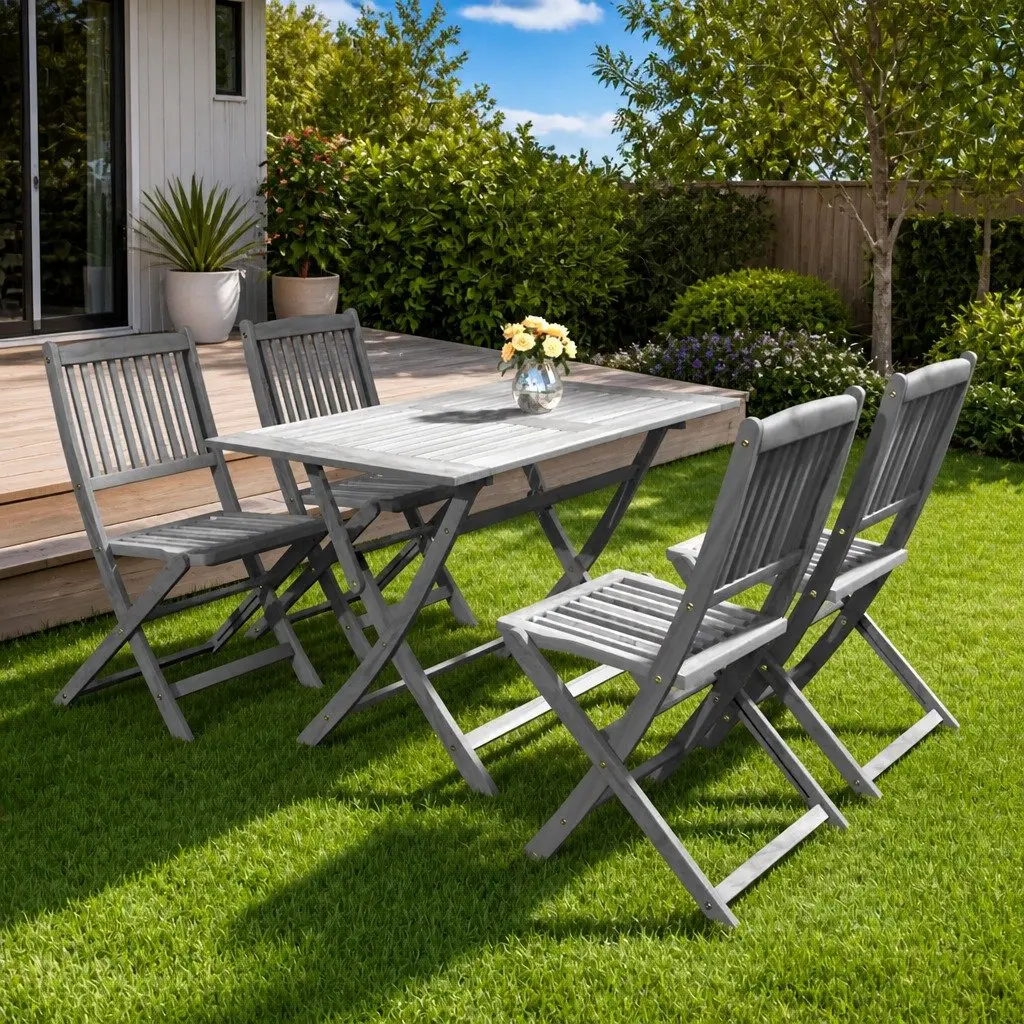 5 Piece Garden Dining Set Solid Acacia Wood Outdoor Furniture Grey Foldable
